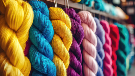 A vibrant and colorful display of yarns in various hues, perfect for knitting or crocheting projects. Ideal for craft enthusiasts and artisans.の素材