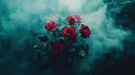 A stunning arrangement of red roses emerges from a mystical cloud of smoke, creating a captivating and emotive atmosphere suitable for artistic projects.の素材