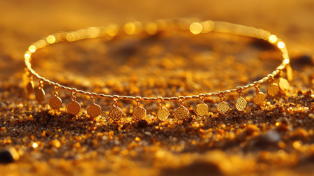 This stunning image captures an elegant gold bracelet adorned with delicate charms, glimmering beautifully under the warm sunlight on a sandy beach.の素材