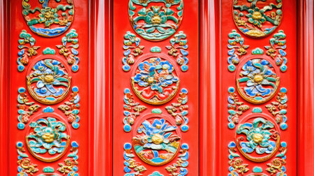 This image showcases a set of ornate red wooden door panels, beautifully adorned with colorful floral reliefs and intricate carvings, reflecting traditional craftsmanship.の素材