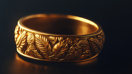This stunning golden ring features intricate leaf and floral engravings, emphasizing exceptional craftsmanship and timeless elegance suitable for any occasion.の素材