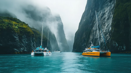 Two colorful catamarans rest in a serene fjord, embraced by towering cliffs and enveloped in a mystical fog. A perfect getaway for nature lovers.の素材