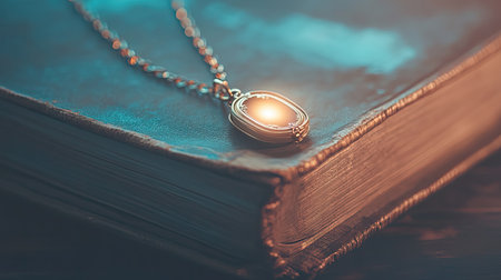 A stunning silver locket featuring a bright gemstone rests on the surface of a worn antique leather book, capturing a moment of elegance and nostalgia.の素材