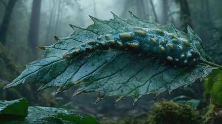 A stunning close-up shot capturing a unique green leaf adorned with dewdrops in a misty forest. This tranquil scene evokes a sense of peace and connection with nature.の素材