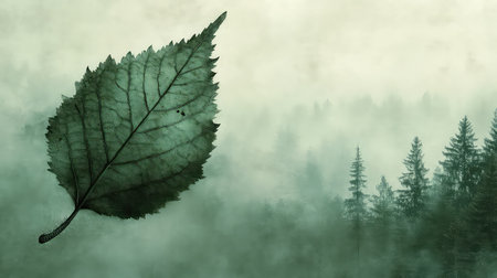 This captivating image features a close-up of a detailed green leaf set against a misty forest backdrop, beautifully blending nature's elements in harmony.の素材