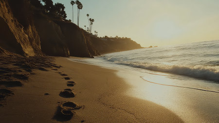 Experience the serene beauty of a tranquil beach at sunset, where gentle waves meet soft sand, and footprints lead into the horizon.の素材