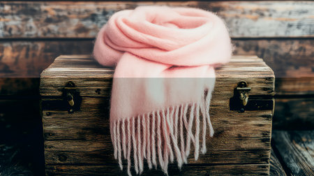A beautifully soft pink scarf draped elegantly over a rustic wooden box, perfect for adding a touch of warmth and style to any winter or autumn outfit.の素材