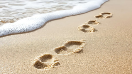 A serene beach scene featuring delicate footprints imprinted on soft sand, gently kissed by ocean waves. This image captures the essence of relaxation and summer.の素材