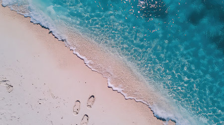 A stunning aerial view of a serene beach showcasing footprints in soft sand beside gentle waves and crystal-clear turquoise water, evoking relaxation.の素材