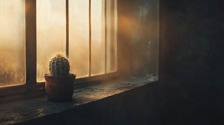 A solitary cactus sits on a windowsill illuminated by gentle sunlight. The moisture on the glass adds a serene atmosphere, perfect for nature lovers.の素材
