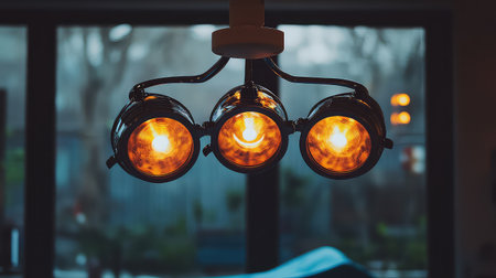 A sleek and modern ceiling light fixture features three round bulbs casting a warm glow in an indoor space, perfect for enhancing contemporary interiors.の素材