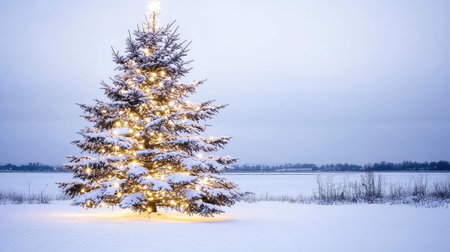 A stunning snowy landscape showcases a beautifully lit Christmas tree, adorned with glowing lights. The serene scene evokes a tranquil atmosphere, perfect for holiday spirit.の素材