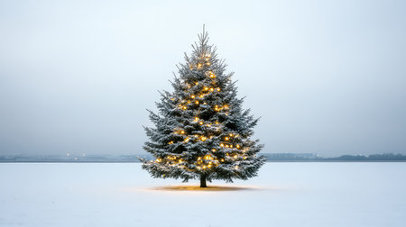 A beautiful snowy Christmas tree stands tall in a winter landscape, adorned with warm lights. The serene atmosphere evokes feelings of holiday magic and tranquility.の素材
