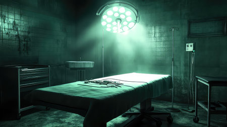 A hauntingly dark operating room scene featuring a surgical table under a bright overhead light, highlighting surgical instruments in a sterile atmosphere.の素材
