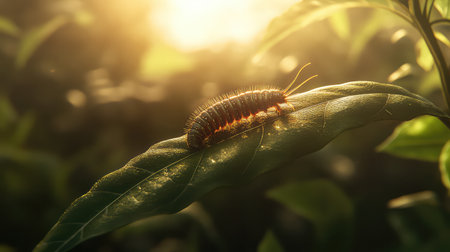 A close-up view of a caterpillar resting on a leaf, illuminated by soft sunlight, showcasing intricate details and vibrant colors against a blurred green backdrop.の素材