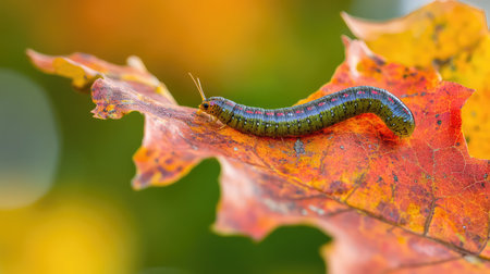 An intriguing macro photograph capturing a vibrant caterpillar crawling on a striking autumn leaf, showcasing the beauty of nature in detail.の素材