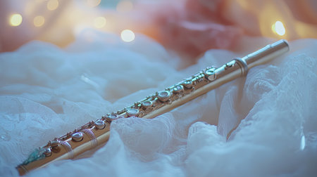 A stunning close-up of a flute resting gracefully on soft fabric, enhanced by dreamy bokeh lights that create a serene and enchanting atmosphere perfect for music lovers.の素材