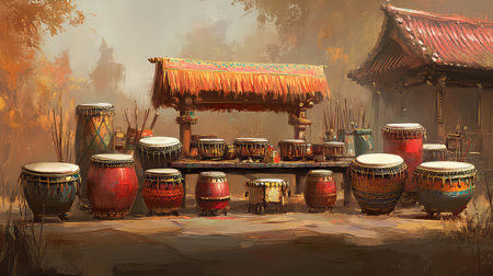 This image showcases an arrangement of traditional handcrafted drums under a thatched roof, set in a picturesque autumn landscape. The vibrant colors and rustic charm convey the rich cultural heritage and artistry involved in creating these musical instruments.の素材