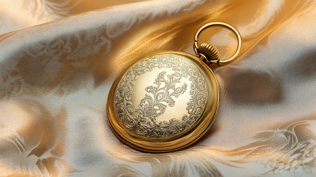 This antique gold pocket watch showcases exquisite floral engravings, resting elegantly on luxurious satin fabric. Perfect for collectors and enthusiasts.の素材