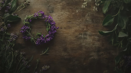 This captivating image showcases a delicate arrangement of purple flowers and green leaves on a rustic wooden background, ideal for nature lovers.の素材