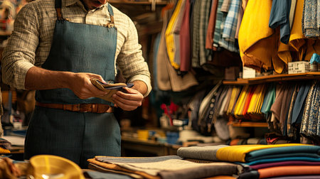A skilled tailor meticulously examines fabric samples in a lively textile shop filled with vibrant materials. The organized workspace showcases creativity and craftsmanship.の素材