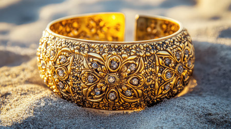 Stunning golden cuff bracelet features intricate floral patterns and sparkling stones, beautifully set against a sandy background. A perfect representation of elegance and craftsmanship.の素材