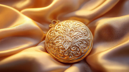 A stunning ornate vintage pocket watch rests elegantly on a luxurious satin background, showcasing intricate design and golden luster, perfect for styling and elegance.の素材