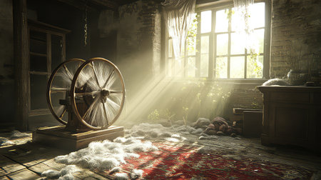 This enchanting image captures a vintage spinner in an abandoned room, illuminated by soft sunlight filtering through dusty windows, evoking a serene and nostalgic mood.の素材