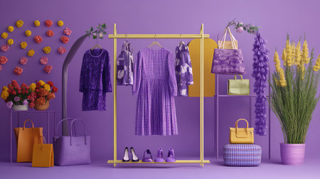 This vibrant arrangement showcases stylish purple clothing and accessories against a colorful backdrop, perfect for fashion enthusiasts and designers.の素材