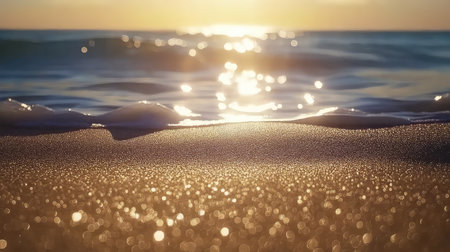 This stunning image captures the calming beauty of glistening ocean waves at sunset, showcasing sandy textures and soft light reflections. Perfect for evoking relaxation and serenity.の素材