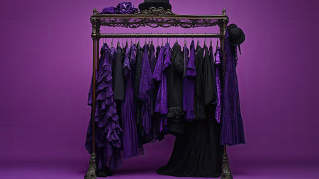 This captivating image showcases a vintage clothing rack adorned with an array of elegant dark and purple garments. The vibrant purple background enhances the artistry of the display, perfect for fashion enthusiasts or boutique inspirations.の素材