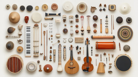 This image showcases a diverse collection of musical instruments and artifacts, displayed artistically on a white background. Each piece highlights craftsmanship and cultural heritage, emphasizing the beauty of music in various forms.の素材