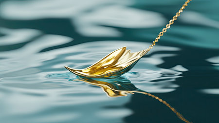 This image features a golden spoon gracefully floating on a tranquil water surface, showcasing subtle reflections and a serene ambiance, perfect for artistic projects.の素材