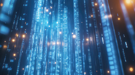 A stunning view of glowing blue data streams with light particles creates a futuristic digital atmosphere, perfect for technology-related projects and visualizations.の素材