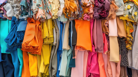 A vibrant assortment of colorful fabrics neatly piled together, showcasing a wide variety of textures and hues ideal for fashion design and creative projects.の素材