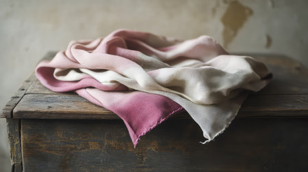 A delicate textile in soft pink and cream hues arranged casually on a rustic wooden surface, creating a serene and inviting atmosphere for decor or fashion.の素材