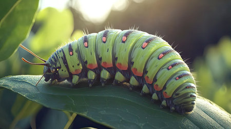A vibrant green caterpillar with striking colorful spots rests on a leaf, showcasing intricate details in a serene natural environment during dusk.の素材