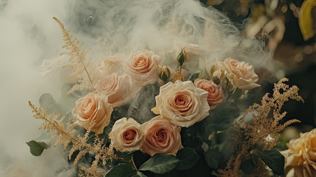 A captivating arrangement of soft pink roses enveloped in gentle mist, creating a romantic and serene atmosphere perfect for weddings or special events.の素材