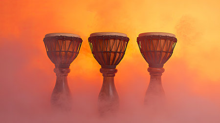 This captivating image showcases three traditional drums illuminated by a vibrant sunset, enveloped in a mystical fog that enhances the atmosphere.の素材