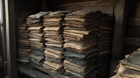A collection of aged papers neatly stacked in a vintage archive, showcasing various textures and colors under soft natural light, an ideal backdrop for historical themes.の素材