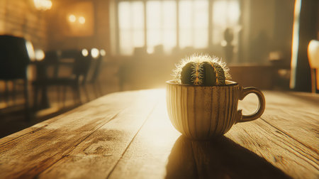 A beautifully lit scene showcasing a small cactus plant in a cup placed on a rustic table, capturing a serene atmosphere perfect for home decor or relaxation.の素材