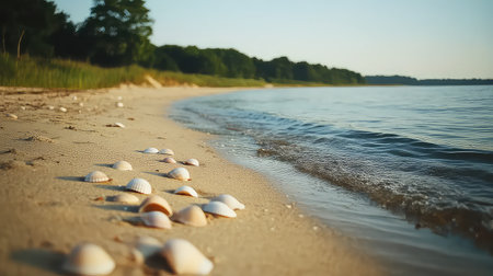 A serene beach scene featuring scattered seashells on soft sand with gentle waves lapping at the shore, perfect for conveying tranquility and relaxation.の素材