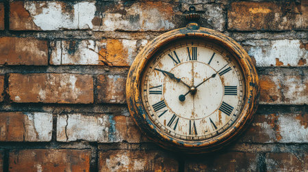 This image showcases a vintage wooden clock mounted on a weathered brick wall, featuring Roman numerals. The rustic texture adds character and charm.の素材