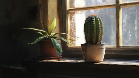 A serene still life featuring a cactus and a vibrant green plant placed on a rustic wooden table near a sunlit window, evoking tranquility and warmth.の素材