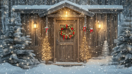 A charming rustic cabin covered in snow, adorned with festive decorations and warm lights. Evergreen trees frame the cozy entrance, creating a serene winter scene.の素材