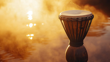 A striking image of a traditional drum positioned by a water surface at sunset, surrounded by gentle mist, creating a serene and tranquil atmosphere.の素材