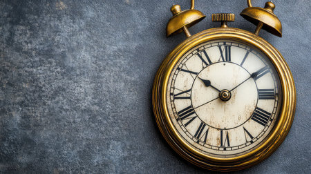This image features a vintage brass alarm clock with Roman numerals, resting on a textured surface, capturing timeless elegance and classic nostalgia.の素材