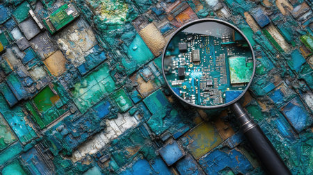 A captivating macro photograph showcasing a circuit board viewed through a magnifying glass, set against an intricately textured and colorful background.の素材