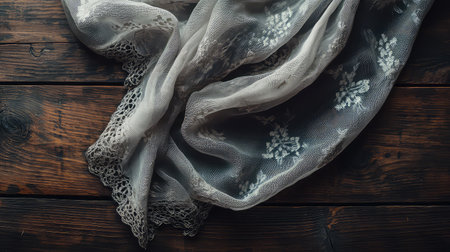 This image features a delicate lace scarf artfully draped over a rustic wooden surface. The intricate floral patterns create a charming and elegant atmosphere.の素材