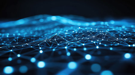 This image showcases an abstract digital network illuminated with glowing lines and points, symbolizing complex data connections in a futuristic environment.の素材